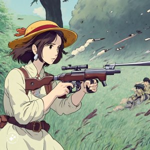 Ghibli-animation-of-woman-shooting-guns-at-enemies.jpeg
